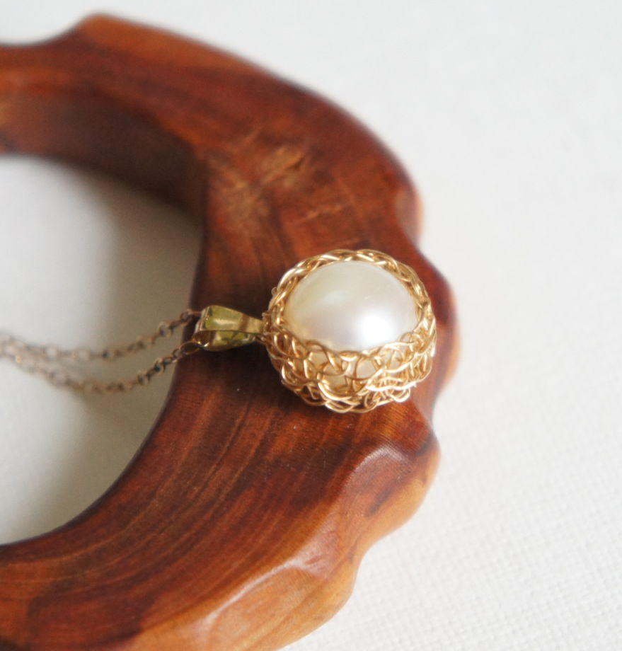 Золотая цепочка голдфилд и золотой плетёный кулон жемчуг wire wrapped винтаж