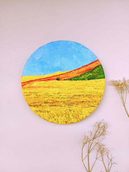 Картина на холсте яркий пейзаж, акрил, диаметр 20 см
