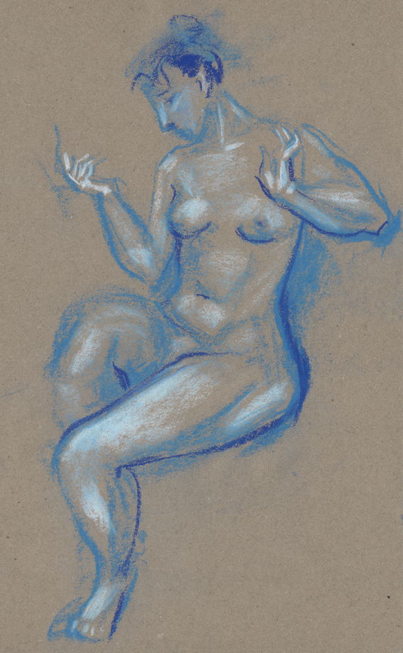 Обнаженная натура в голубых тонах . Интерьерная картина в раме с паспарту.