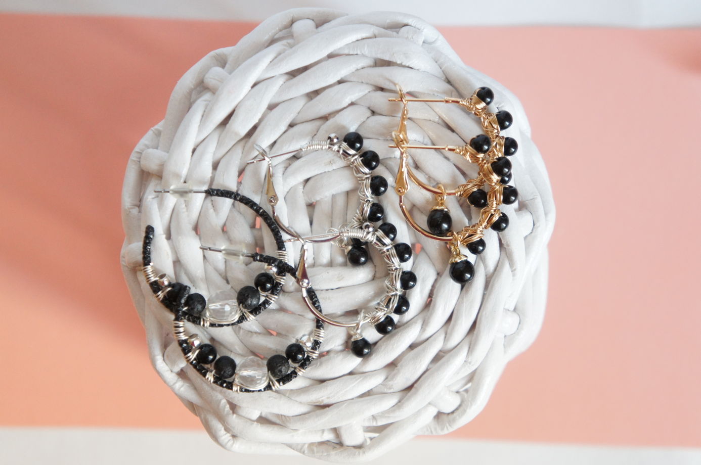 Серьги кольца конго плетеные черный оникс черный турмалин шерл