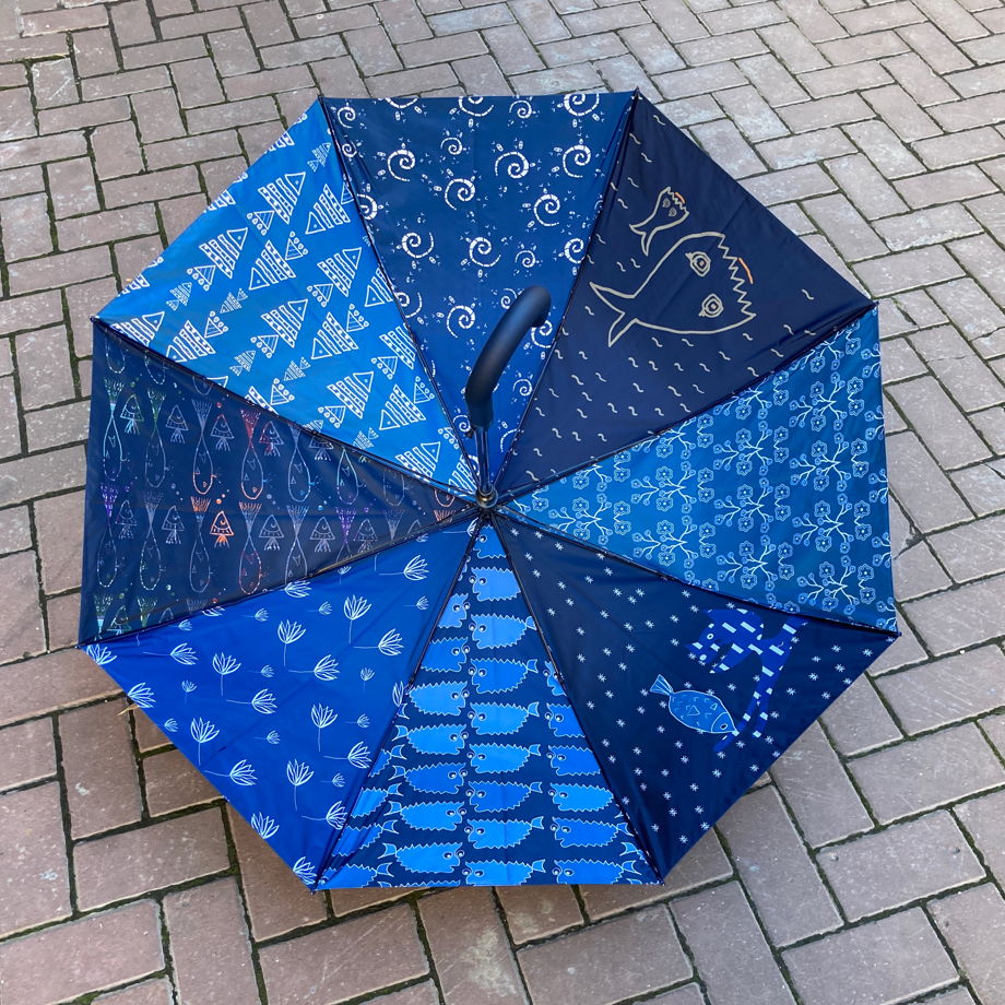 Двусторонний зонт Синий коллаж из 8 авторских картинок на синем фоне