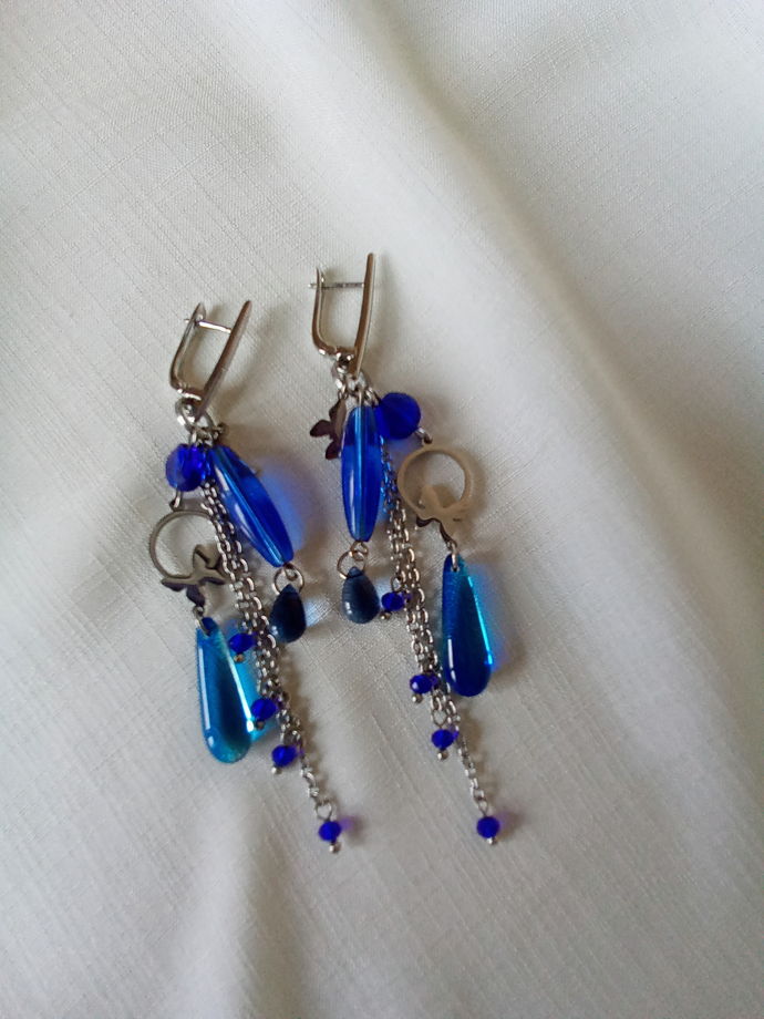 Синие длинные женские серьги "Бабочки"