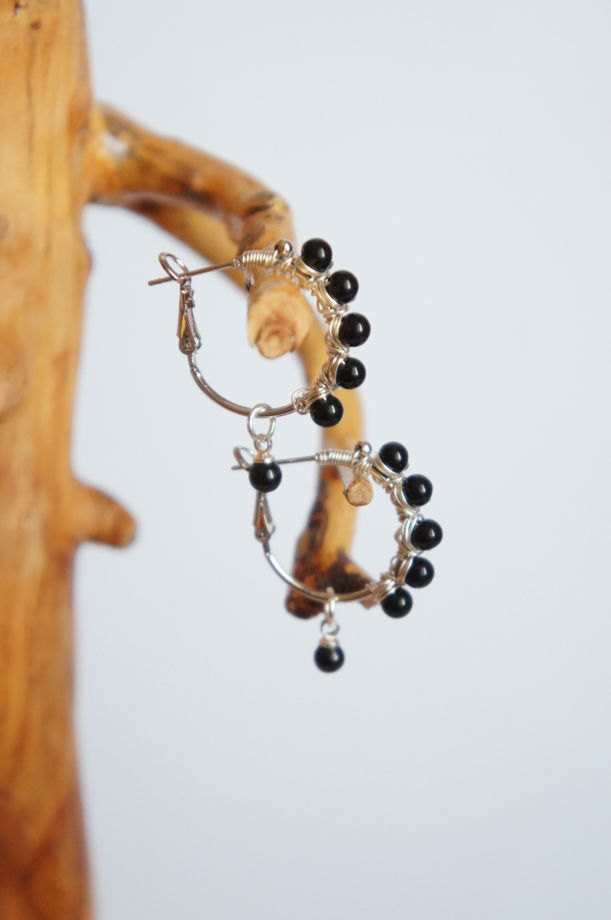 Серьги кольца конго плетеные черный оникс черный турмалин шерл