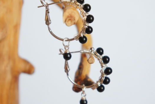 Серьги кольца конго плетеные черный оникс черный турмалин шерл