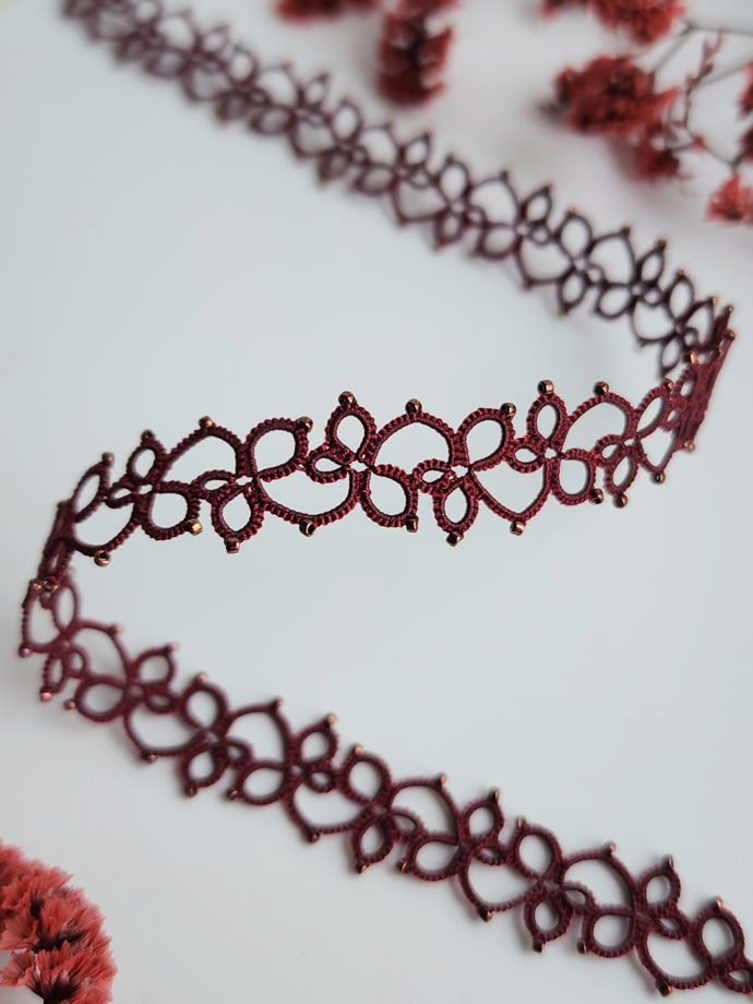 Чокер бордовый, плетеный женский чокер фриволите