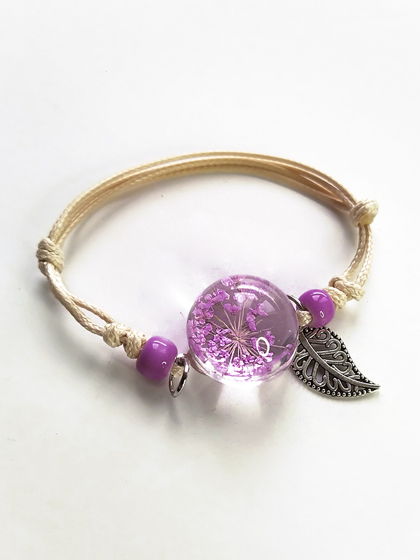 Воздушный стеклянный браслет с фиолетовыми цветами сныти.