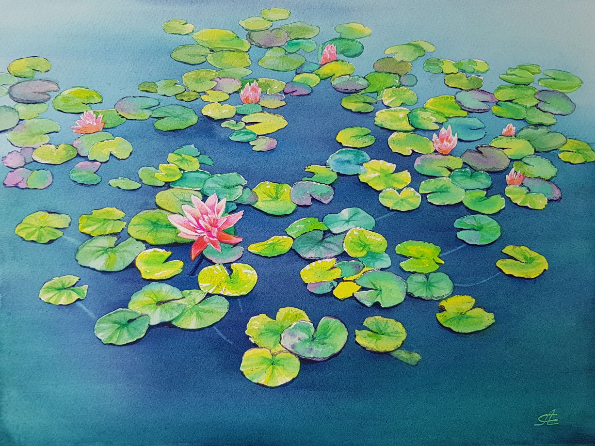 Акварельная картина "Рассвет на пруду с лилиями"