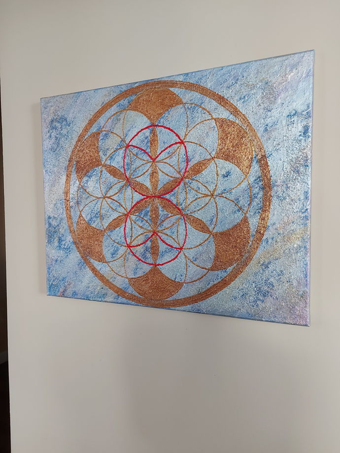 Мандала "Цветок жизни"  с символом финансового изобилия.  40×50 см холст акрил