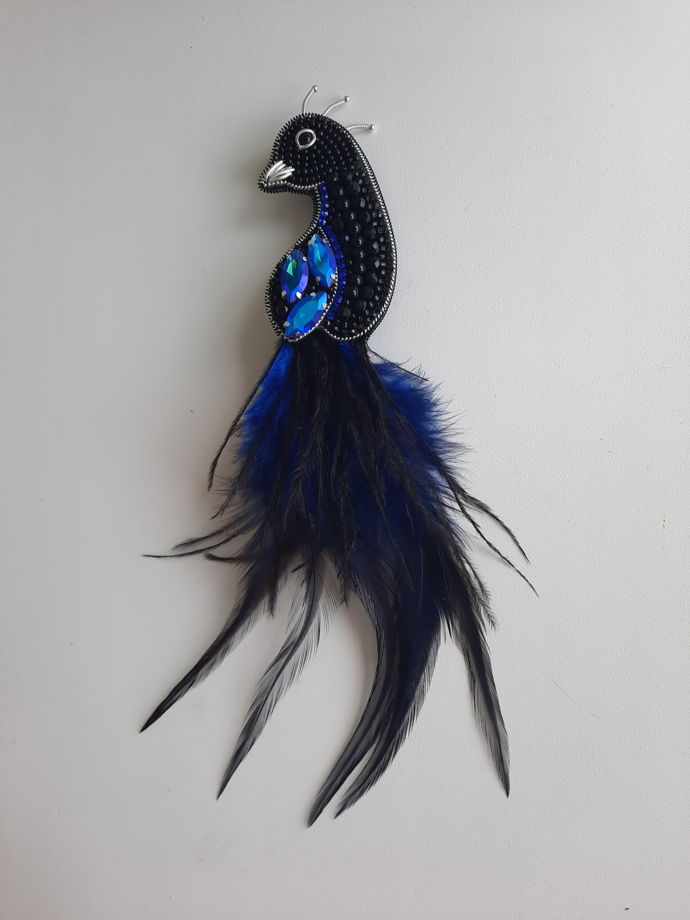 Брошь синий феникс с перьями