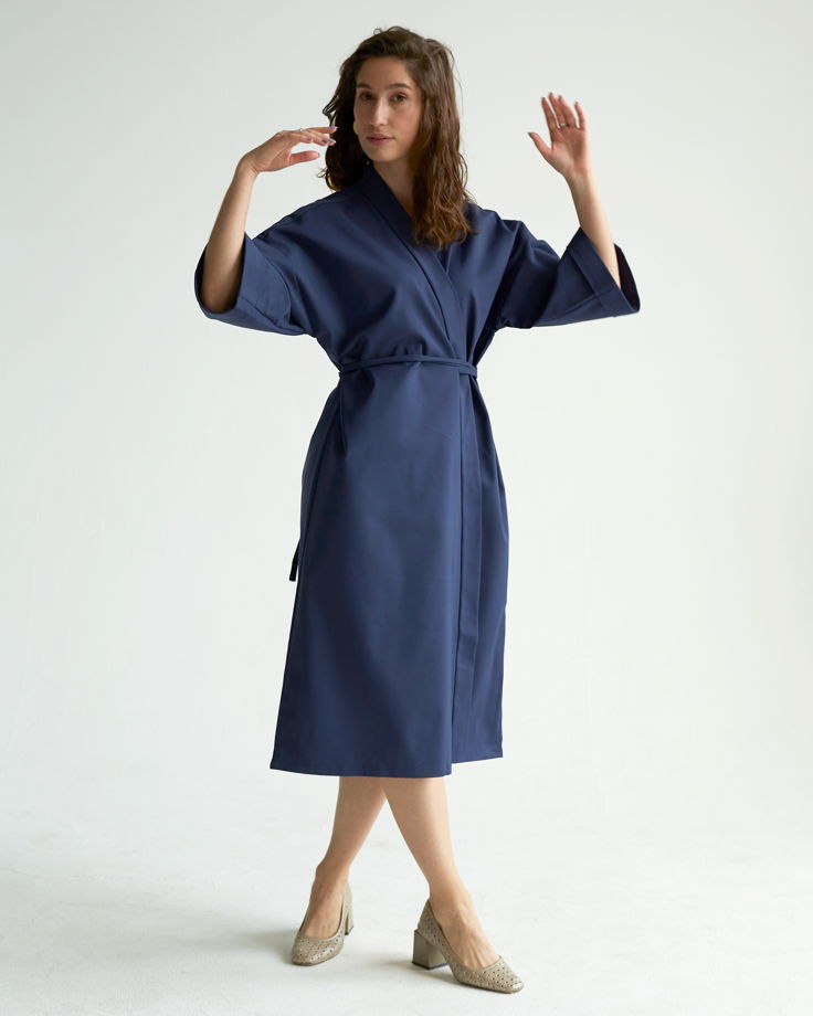 Платье-кимоно из костюмного хлопка в синем цвете Aimi
