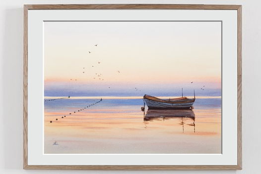 Акварельная картина "Лодка на закате" (38 х 28 см)