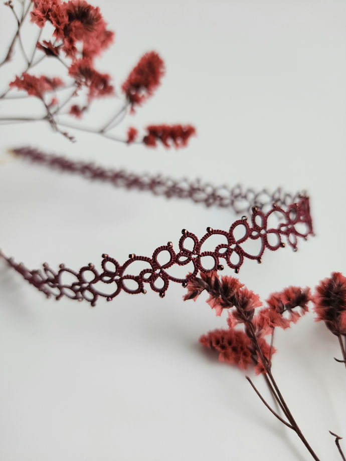 Чокер бордовый, плетеный женский чокер фриволите