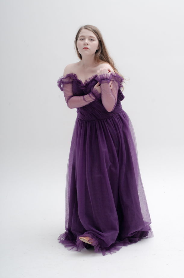 Винтажное вечернее платье (party-dress) из фиолетовой сетки, no name, размер S