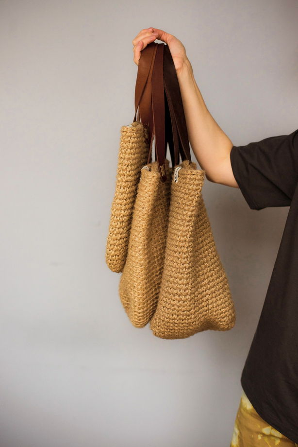 Летняя женская сумка-шоппер вязаная из джута с кожаными ручками L