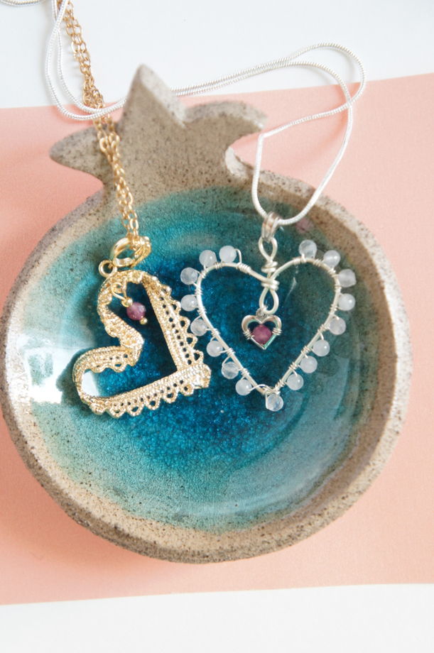 Кулон сердце в сердце плетеный с розовым кварцем и рубином