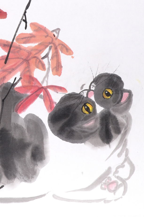 "Под девичьим виноградом отдыхает в меру упитанный кот", картина в традиционном китайском стиле се-и (50 * 50 см)