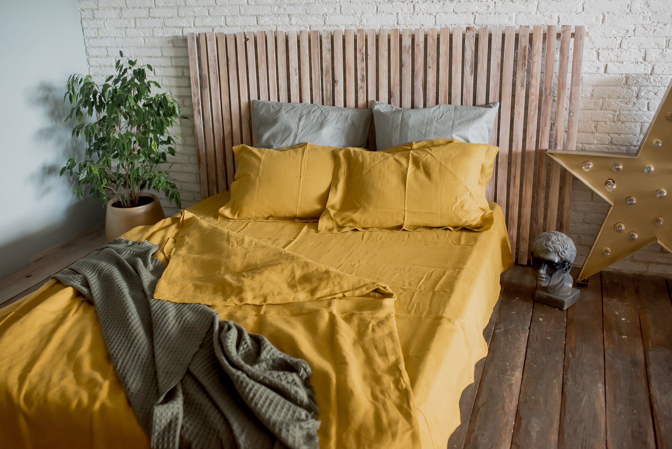 ГОРЧИЧНЫЙ набор постельного белья из 100% льна умягчённого в магазине  «BarinBed» на Ламбада-маркете