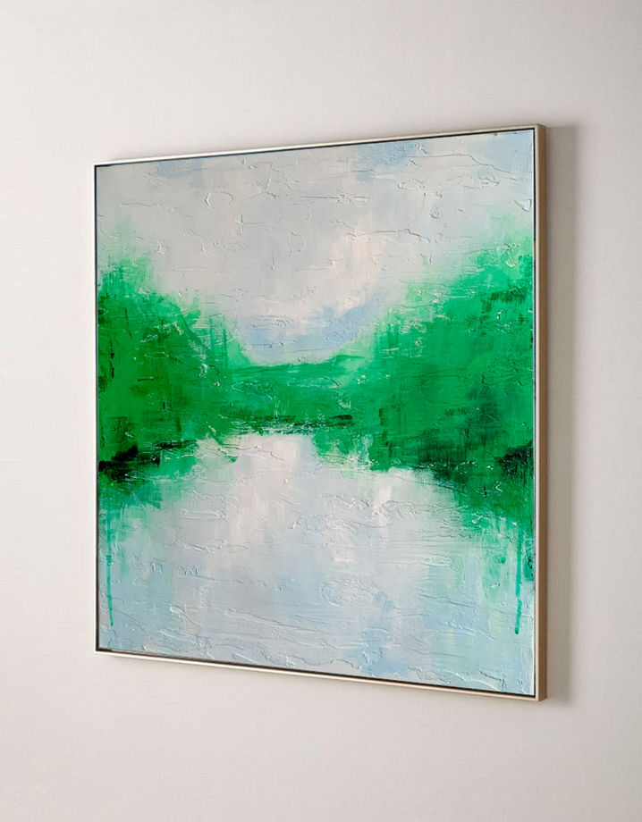 Абстрактный пейзаж, фактурная зеленая картина Тишина, 50*50 см