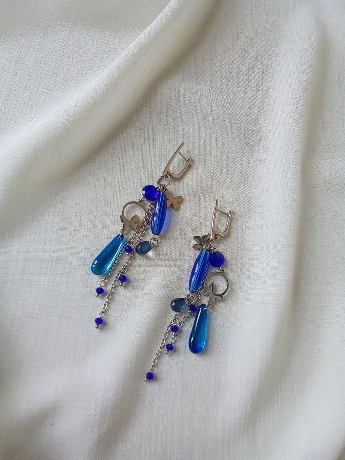 Синие длинные женские серьги "Бабочки"