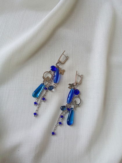 Синие длинные женские серьги "Бабочки"