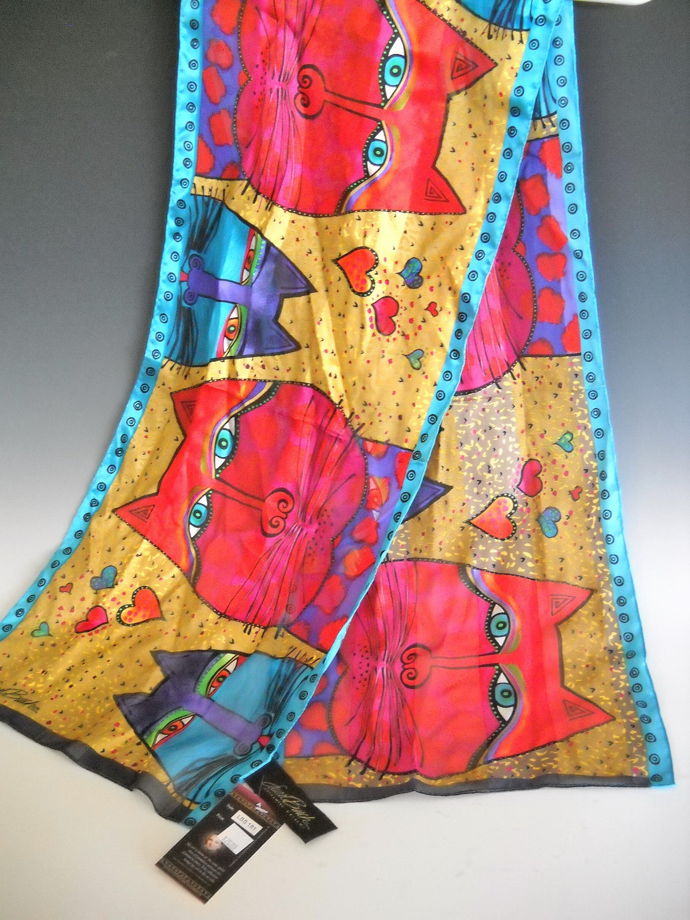Шёлковый шарф Laurel Burch Коты и сердца 100% шёлк