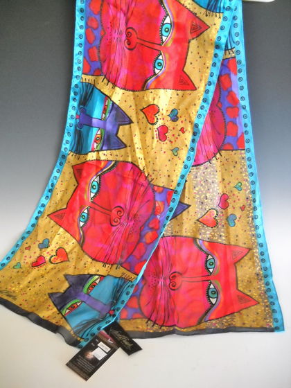 Шёлковый шарф Laurel Burch Коты и сердца 100% шёлк