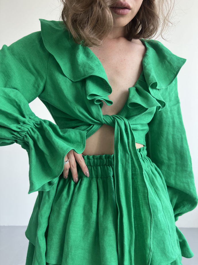 Зелёный костюм из 100% льна премиум качества
