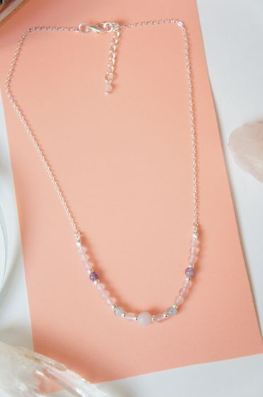 Серебряная цепочка розовый кварц аметист аквамарин