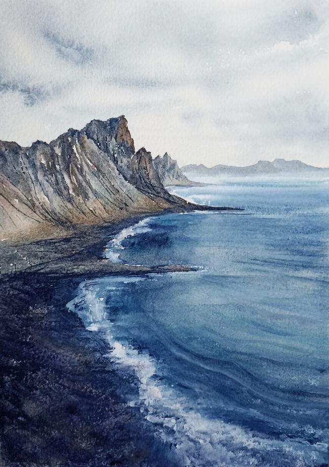 Картина акварелью "Море и горы"