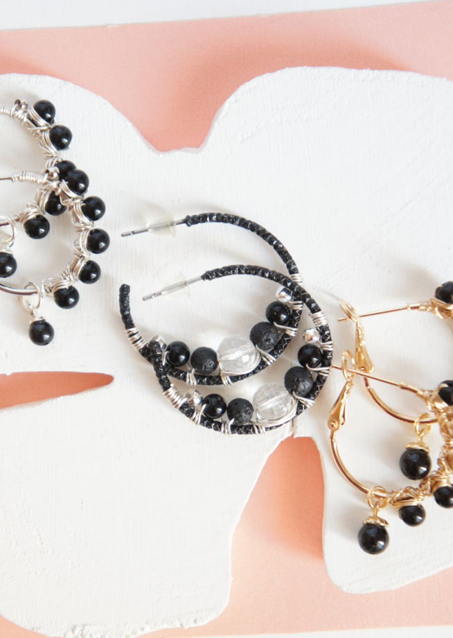 Серьги кольца конго плетеные горный хрусталь кварц оникс