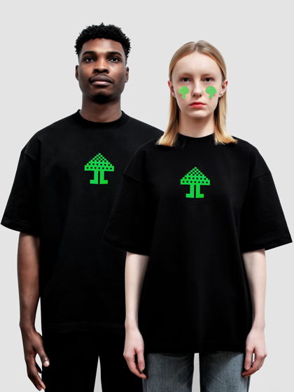 Черная футболка Мухоморье оверсайз принт зеленый гриб