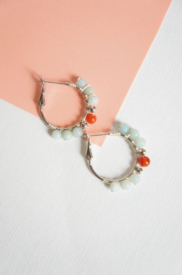Серьги конго кольца плетеные wire wrapped сердолик амазонит