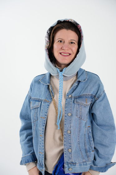 Капюшон/капор двусторонний женский из непромокаемой ткани и футера голубого цвета