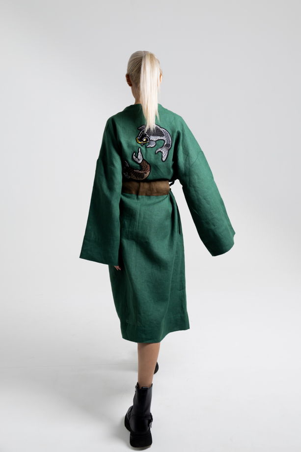 Кимоно женское из льна с вышивкой на спине Карпы XS - 2XL