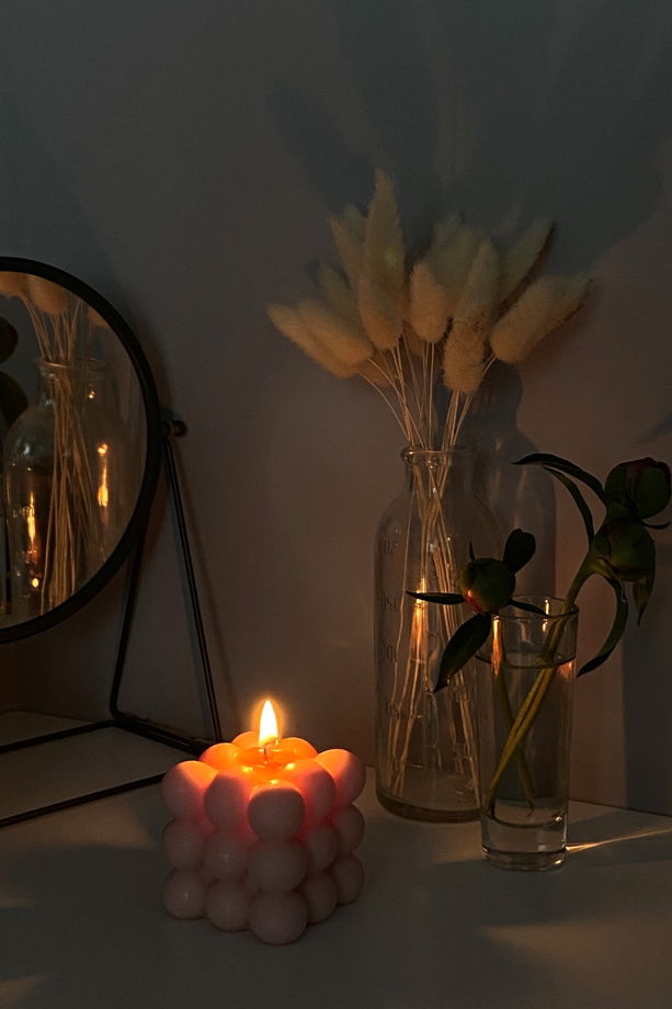Свеча соевая оливковая в форме куба (бабл) для интерьера, подарка и декора дома ручной работы Flama