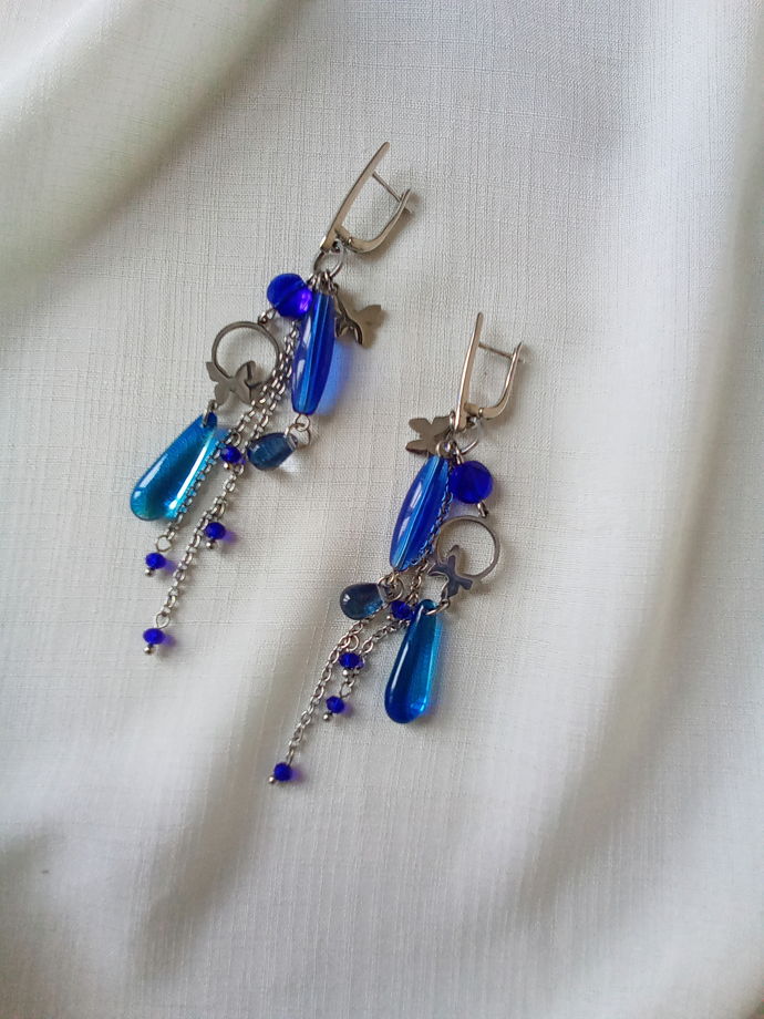 Синие длинные женские серьги "Бабочки"