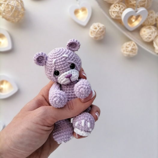 Детская вязаная игрушка сиреневый мишка / Мягкий медведь ручной работы