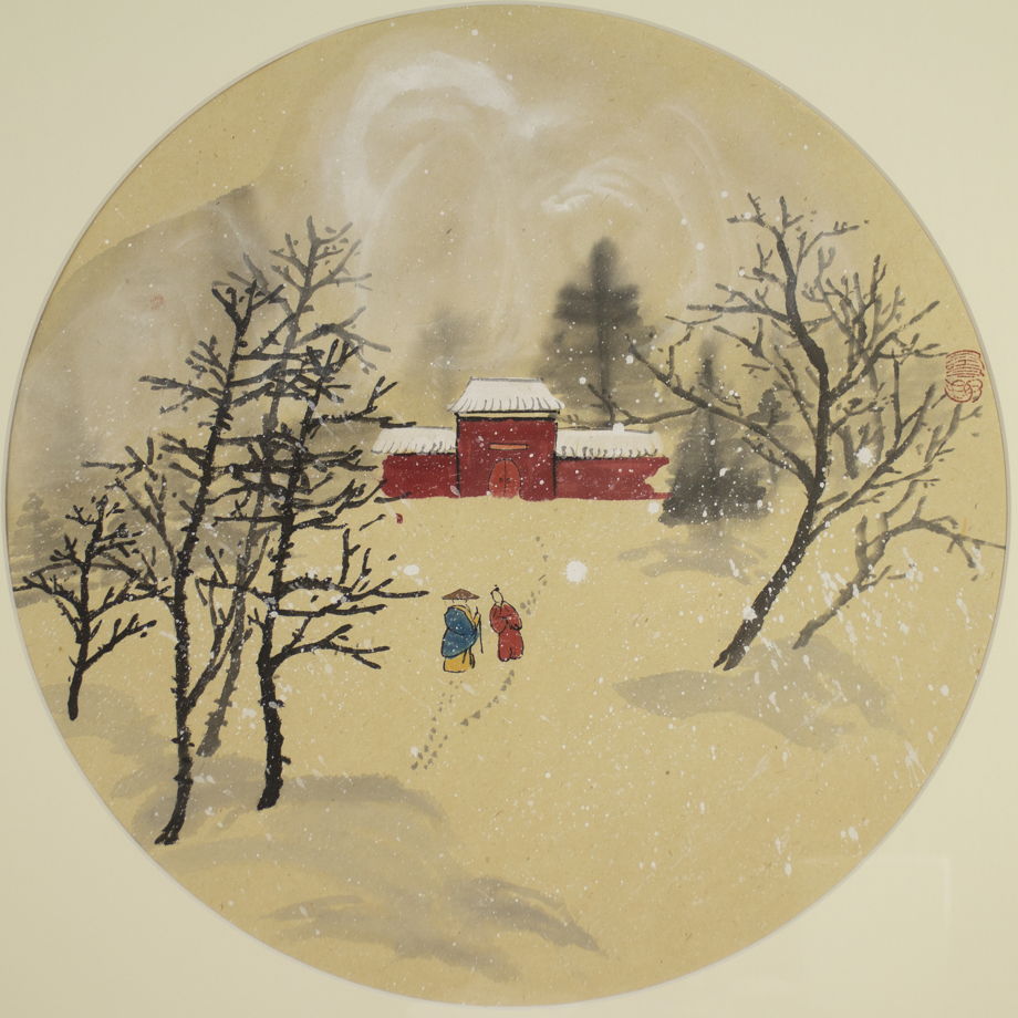 "Заснеженный храм", картина в традиционном китайском стиле се-и   (диаметр картины 32 см, размер багета 46 * 46 см)