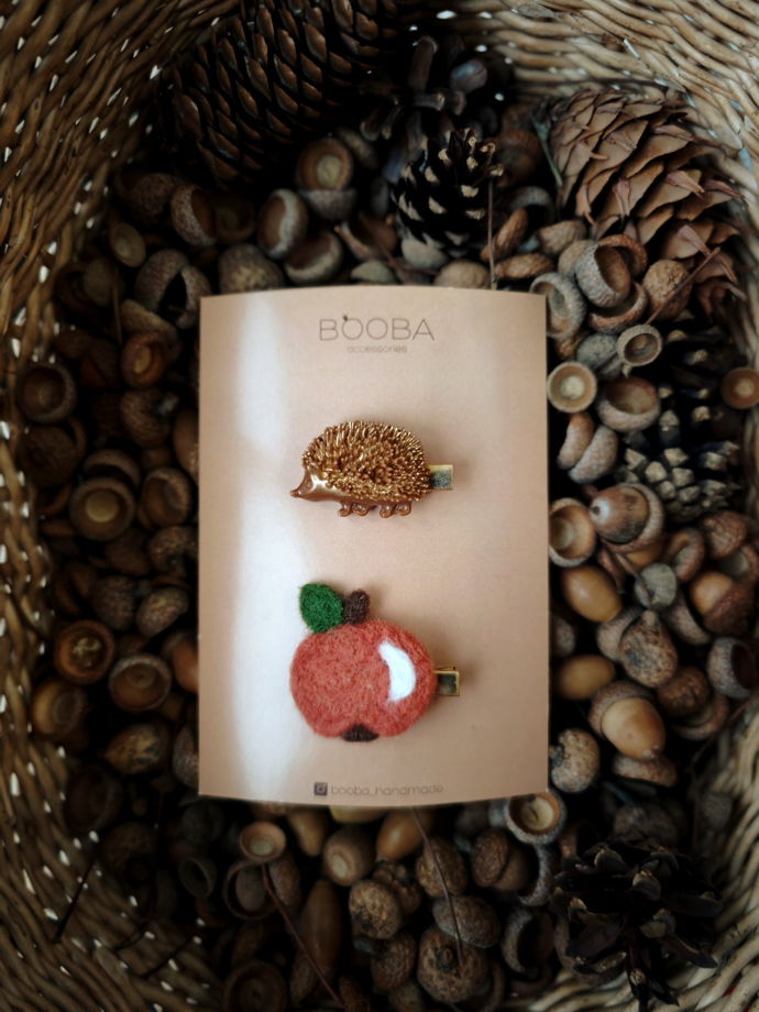 Набор заколок для волос: "Ёжик с яблоком"