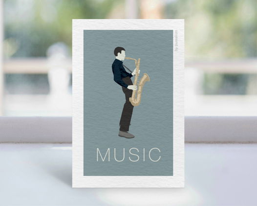 Дизайнерская открытка "Музыка: саксофон" формата 10х15см