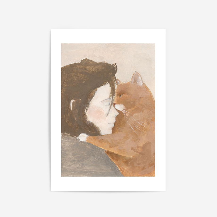 Постер с девочкой и котом "Укутывая сном", 50х70 см