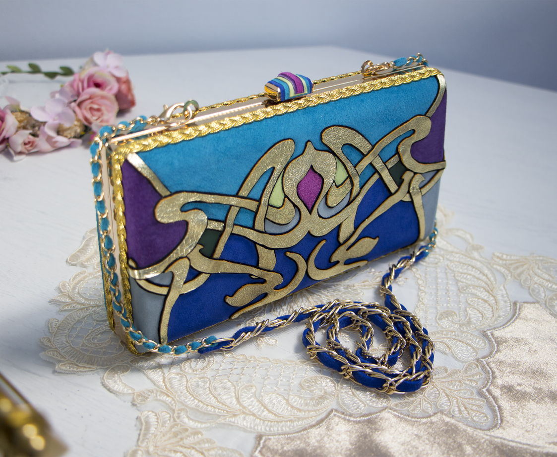 Клатч из натуральной кожи сине-бирюзовый с золотым узором в стиле Модерн
