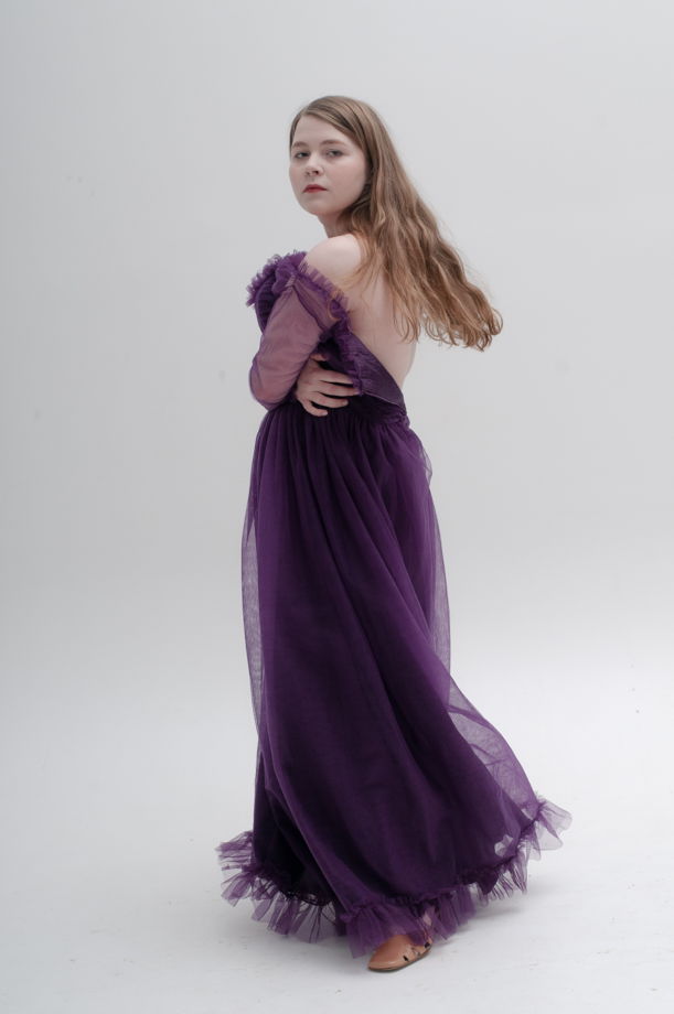 Винтажное вечернее платье (party-dress) из фиолетовой сетки, no name, размер S