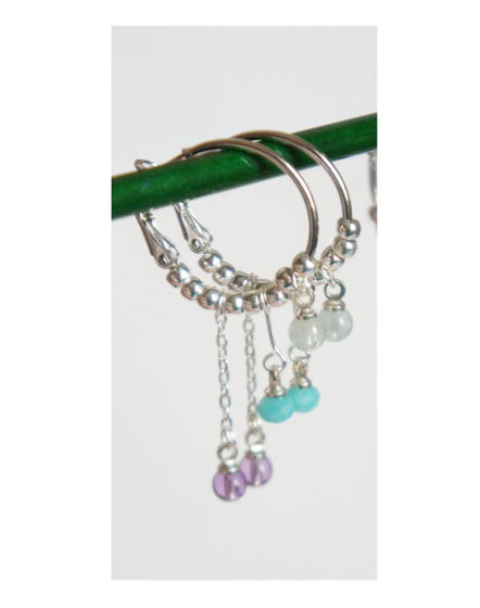 Серьги кольца конго аквамарин амазонит аметист с цепочками