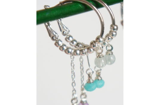 Серьги кольца конго аквамарин амазонит аметист с цепочками