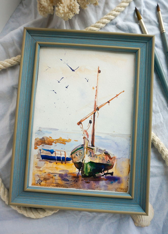 Картина "Лодка на берегу" (15х20 см) Акварель