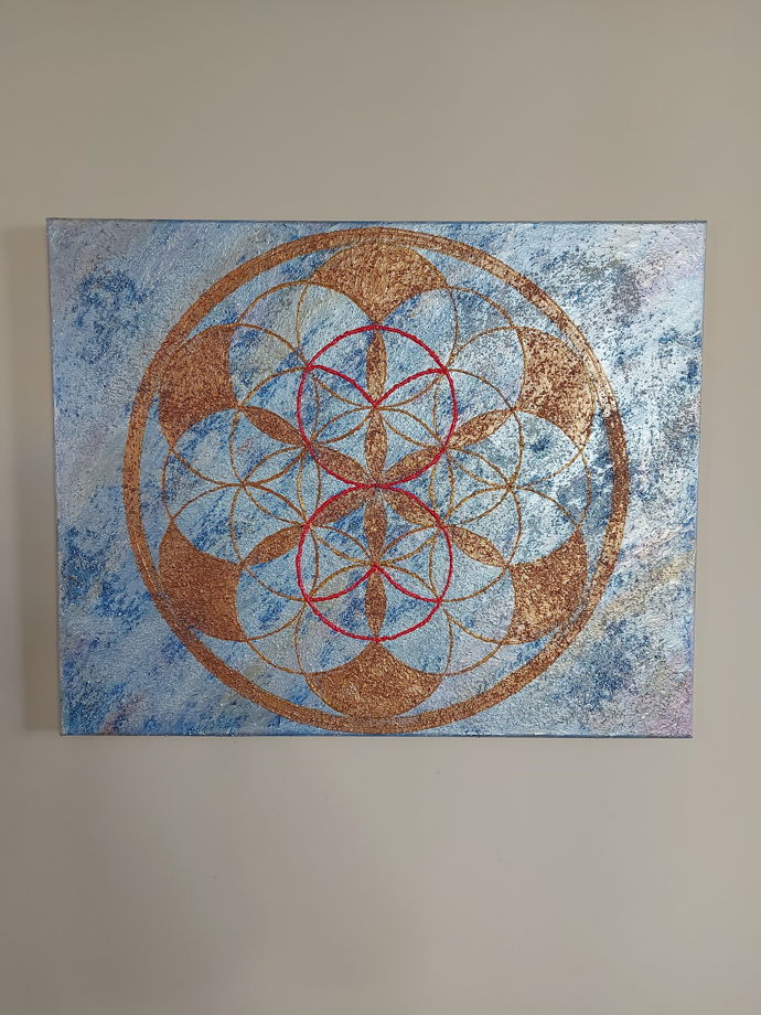 Мандала "Цветок жизни"  с символом финансового изобилия.  40×50 см холст акрил