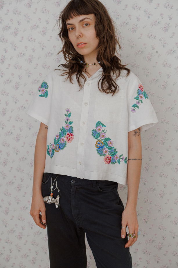 Рубашка с Фиолетовыми Цветами/30s Tablecloth Short Sleeve Shirt