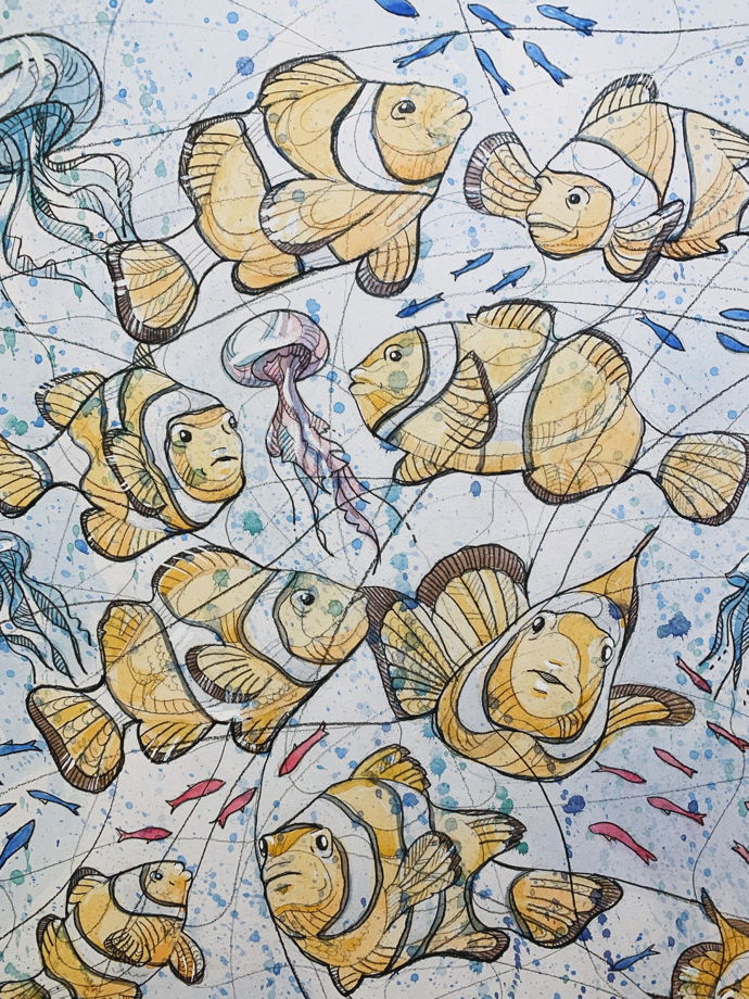 Авторская картина в интерьер акварелью на бумаге в раме "Морская жизнь" 50 см х 70 см
