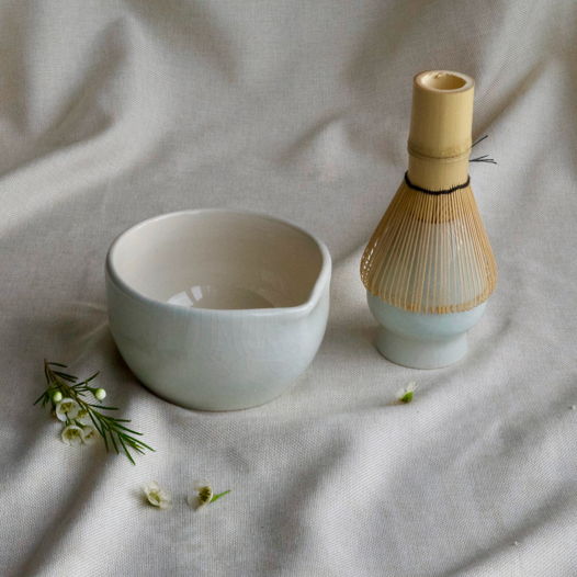 Набор для матчи ручной работы + венчик, "Голубое кракле"